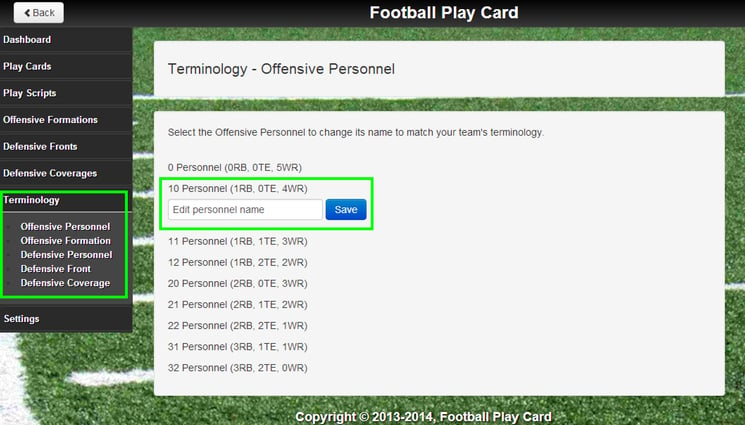 Change the terminology of offensive personnels, formations, defensive personnels, fronts, and coverages