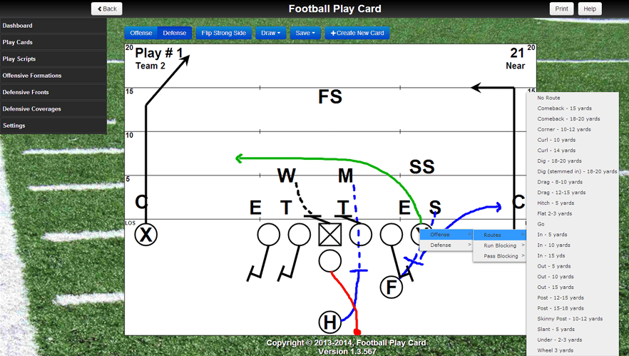 Add a route or block to an offensive player by tapping on the player letter and selecting the action.