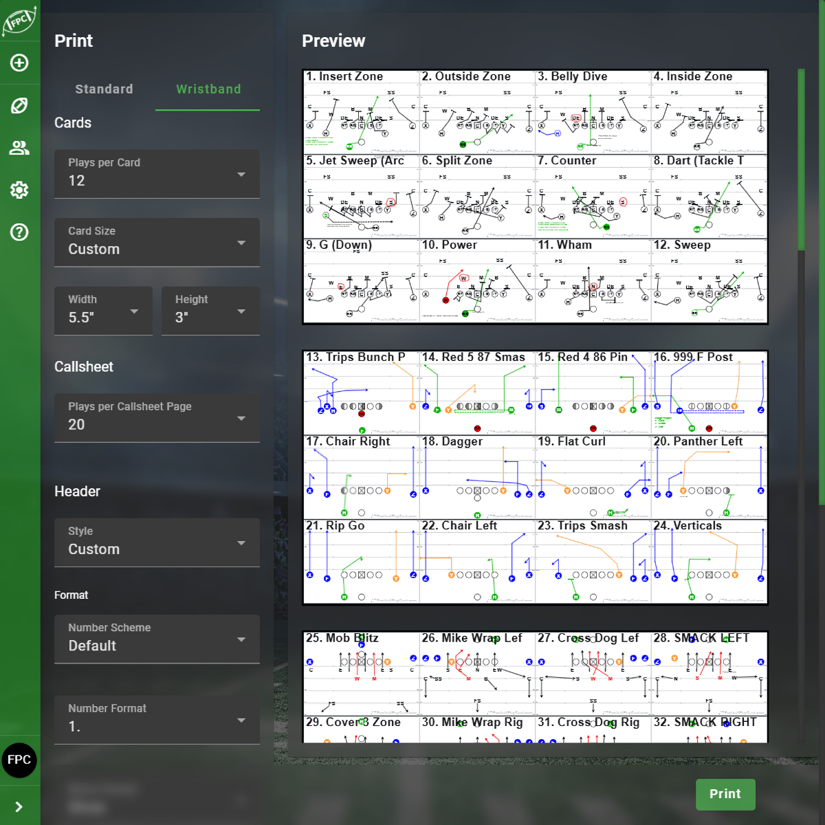 Square - Football Play Card - Play Wristband - Tackle Football