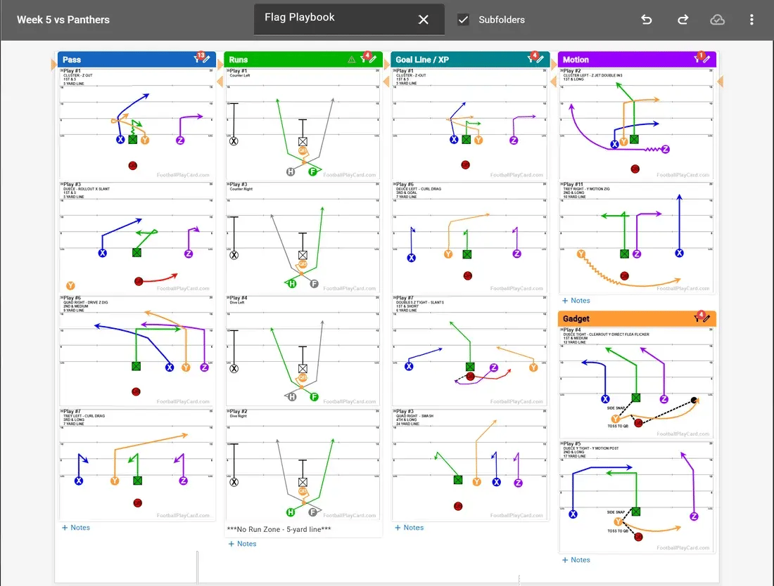 The same call sheet carrying the drawn play diagrams instead of just the names, grouped into the same colour-coded sections.