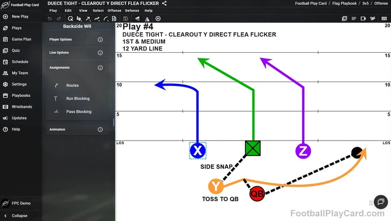 Building a flag football play in the Football Play Card play editor
